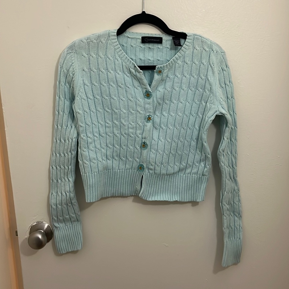 Sky blue cardigan with flower buttons
